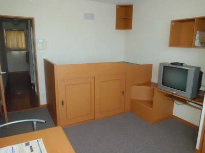 丈夫なベッドが備え付け。