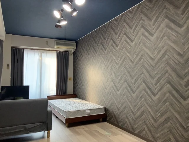 TV・ベッド・ローテーブル・ソファーを設置しています。オシャレな室内です。