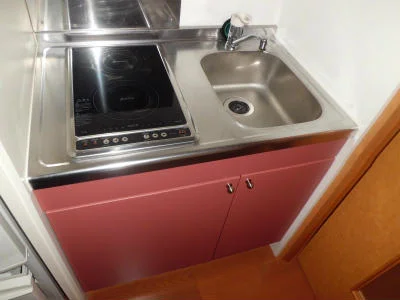 掃除のしやすい電気コンロ付の台所流し台。