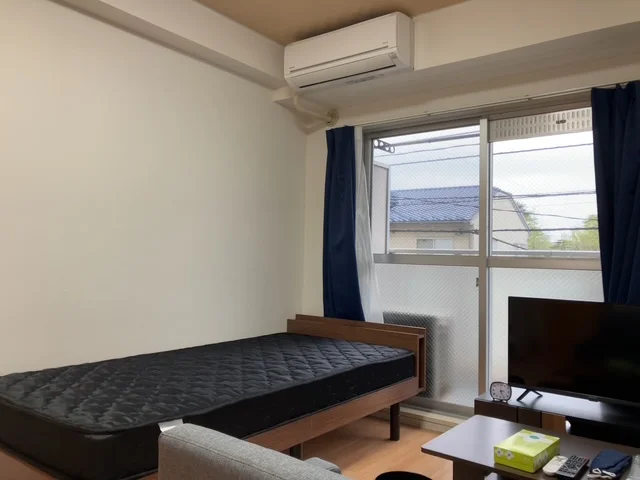 TV、ローテーブル、ベッド、ソファー、姿見が設置されています。