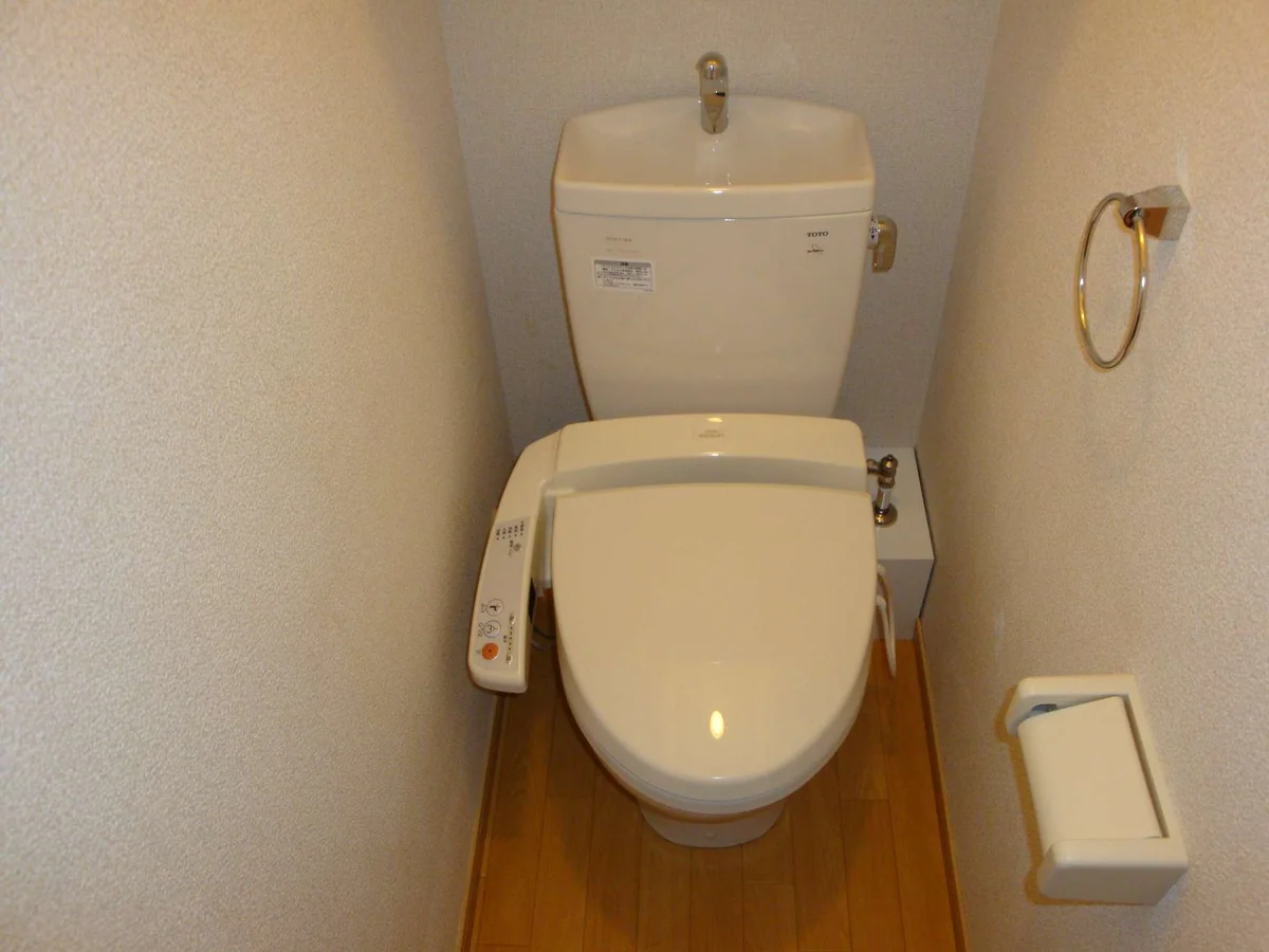 温水洗浄便座付き。上には棚があります。