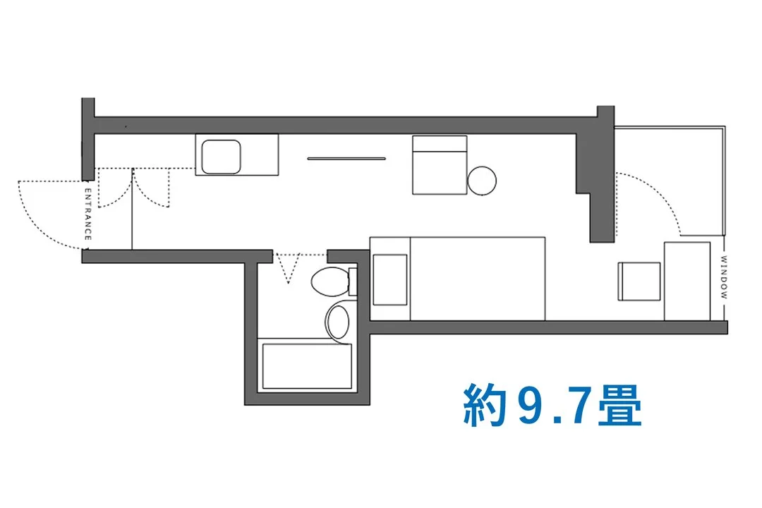 細長い形が特徴的！水回りとキッチンのあるお部屋です。