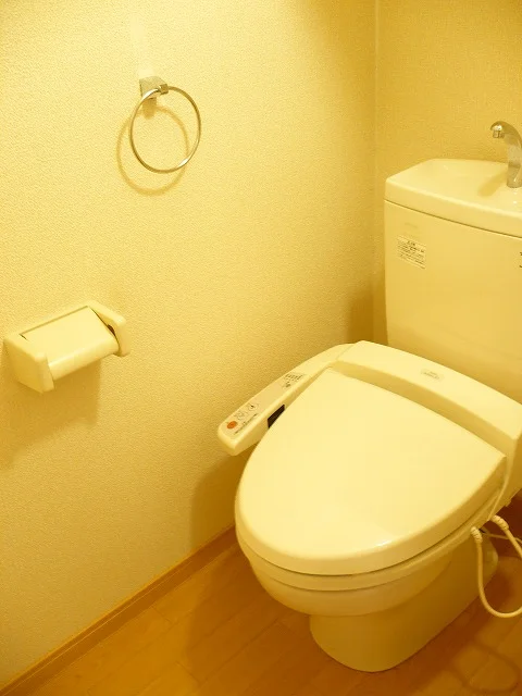 温水洗浄便座付きです。上には棚があります。