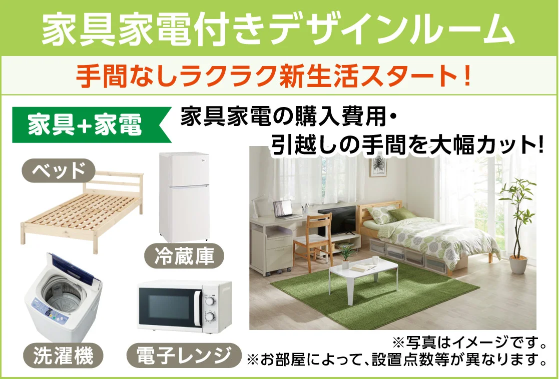 ベッド、冷蔵庫、洗濯機、電子レンジ付き（その他は付きません。）