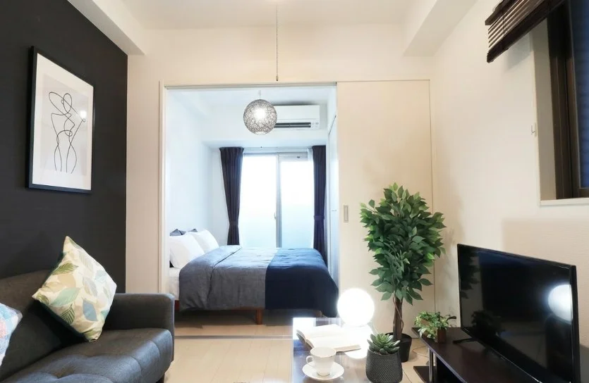 大き目なテレビやソファーがあり、ゆっくり寛げる空間となっております。家具家電だけでなく、ティッシュやリセッシュ等もご用意させていただいてますので、短期～長期でお住まいの方にもあったら助かるものが多いと、大変ご好評いただいております！！※植木と額とクッションなどの装飾は写真用です。