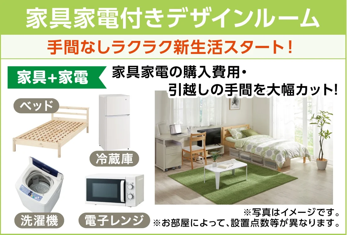 ベッド、冷蔵庫、洗濯機、電子レンジ付き（その他は付きません。）