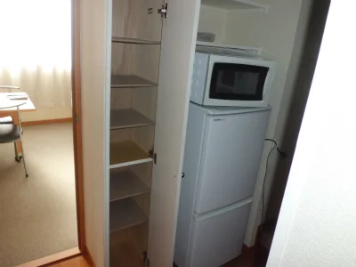 冷蔵庫と電子レンジと棚。