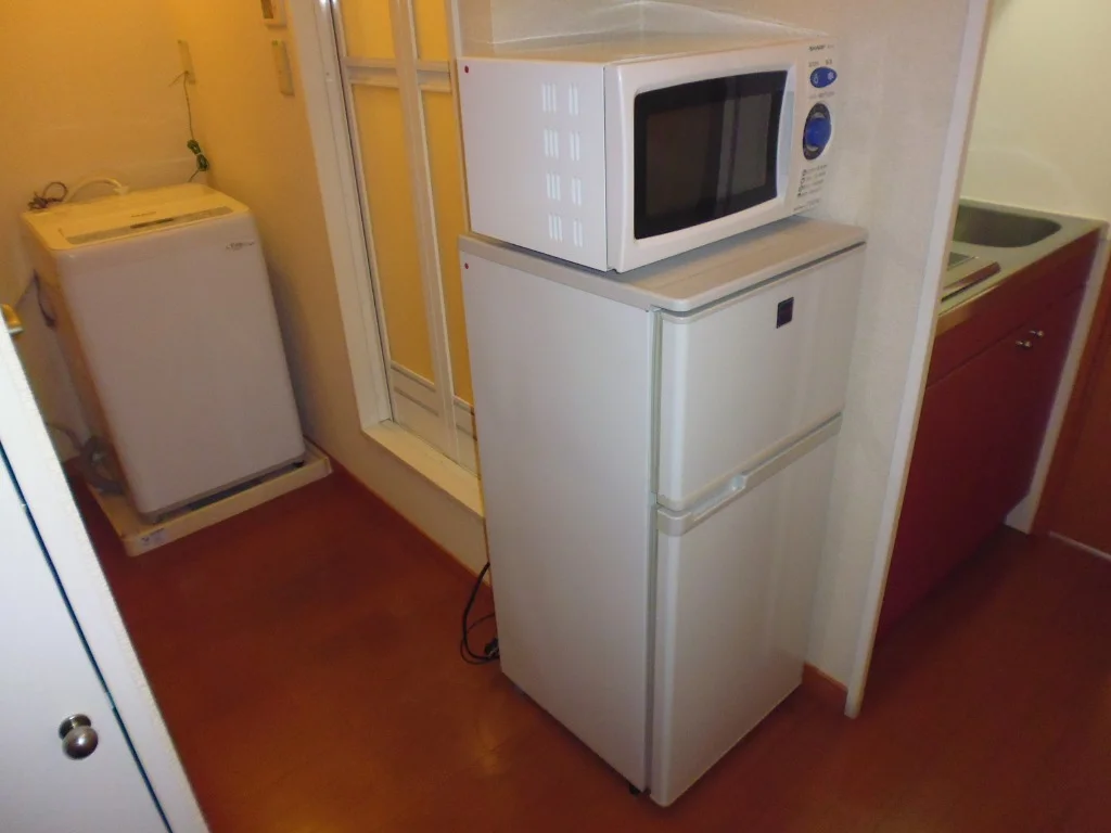 電子レンジ、冷蔵庫、洗濯機付。