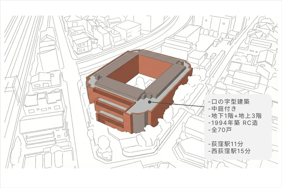 【外観】特徴的なロの字の施設。吹き抜けが気持ちよさそう。