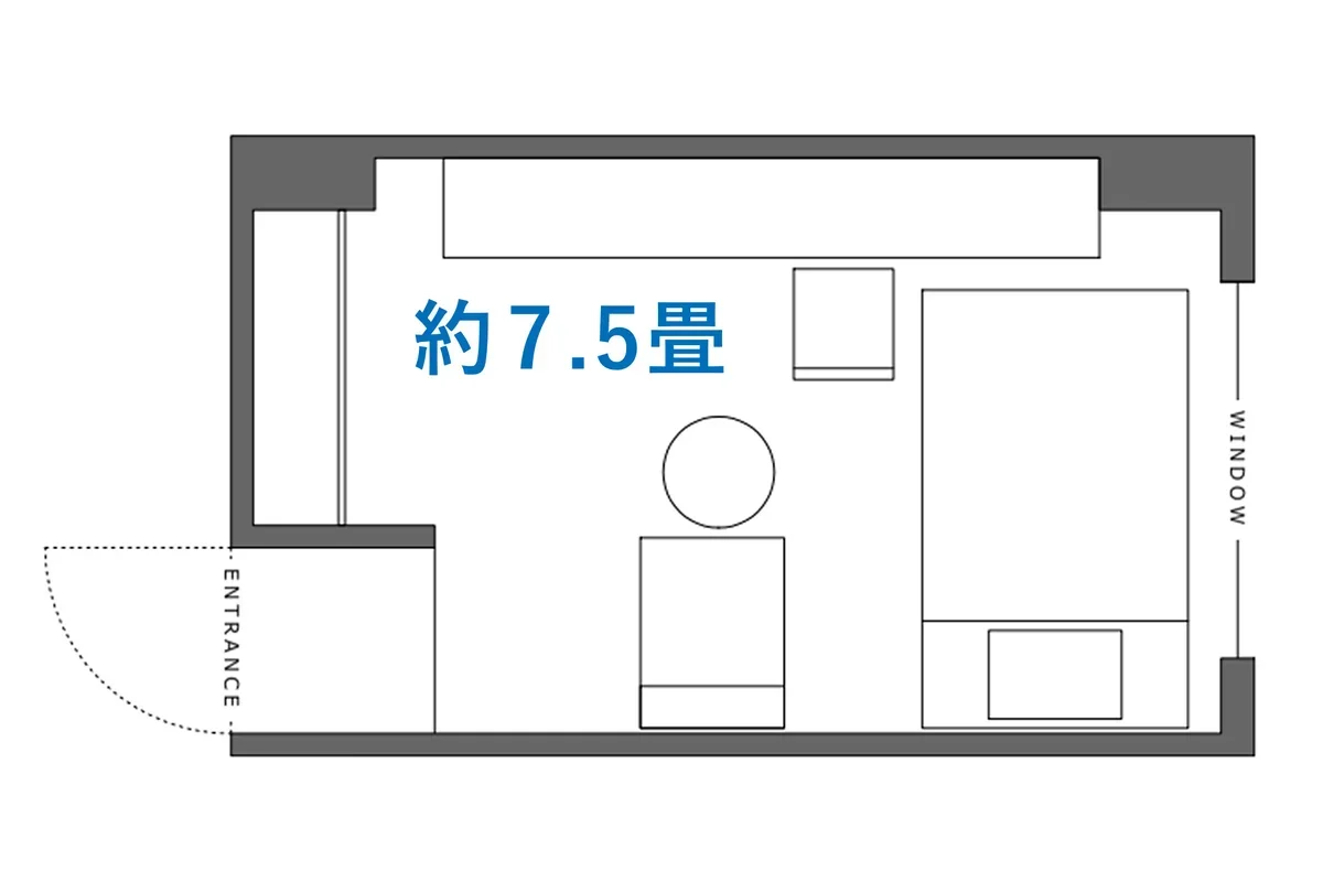 ベッド、デスク、テーブル、チェアがつきますよ。（柱の位置、家具の位置などはお部屋によって異なります）