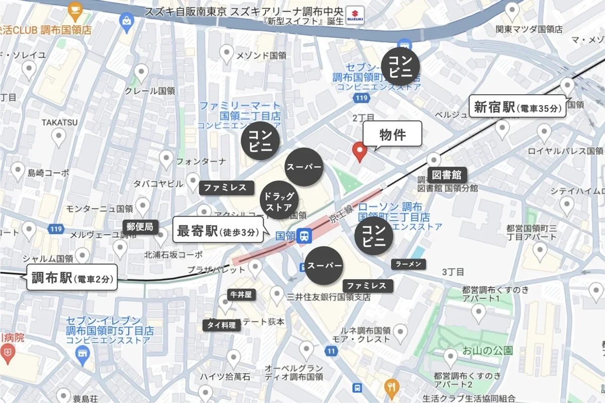 徒歩数分の距離にコンビニやスーパーがあり、便利な環境です。