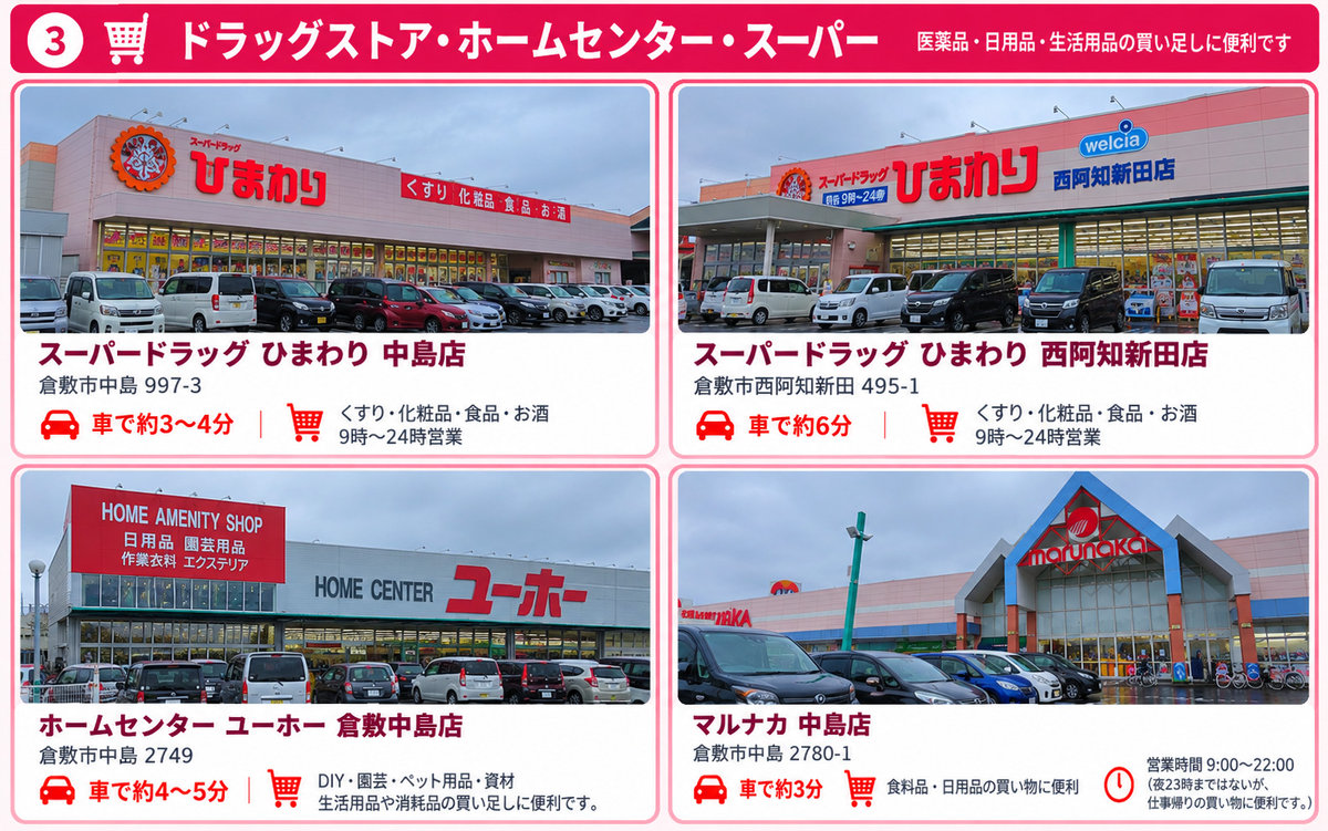 「医薬品・日用品・食品から生活用品まで、周辺でまとめて買い物できます。長期出張中の生活用品や消耗品の買い足しにも便利です。」