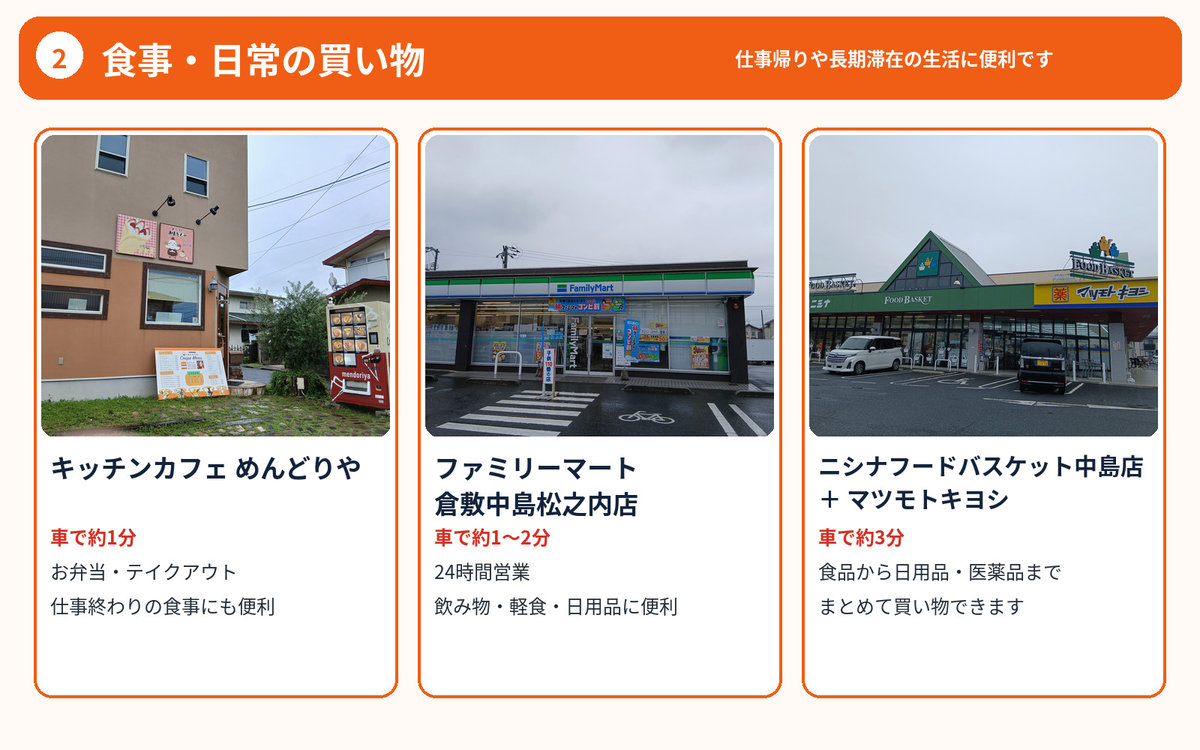 「お弁当・コンビニ・スーパーなど、仕事帰りの食事や日常の買い物に便利な店舗が周辺に揃っています。長期滞在にも便利な環境です。」