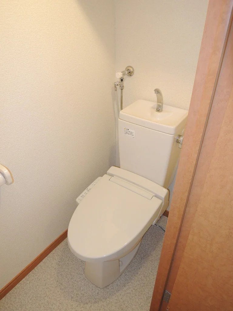 温水洗浄便座。トイレットペーパーなどの収納棚もございます。