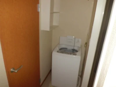 洗濯機。洗剤を置くのに適した棚が横にあります。