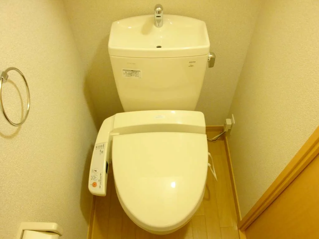 温水洗浄便座付き。上には棚があります。