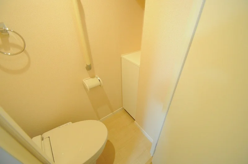 温水洗浄便座付き。棚もあるので、トイレにも一工夫を。