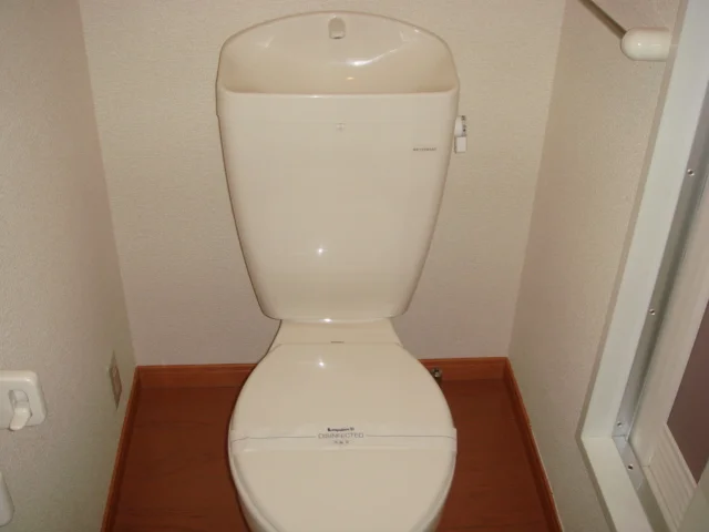 タオルハンガーと収納棚付きのトイレ。