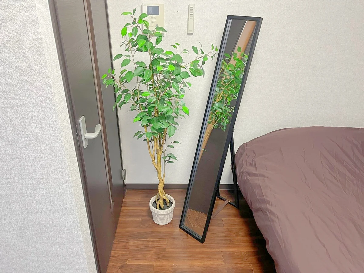 スタンドミラーで全身チェックもできますね✅植物は全てフェイクグリーンなのでお手入れ不要です♪