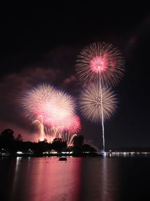毎年8月開催の千波湖花火大会。桜川に架かる芳流橋まで裏道なら徒歩約12分。