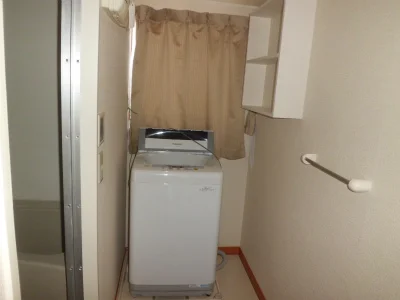 洗濯機。横には洗剤などを置ける棚付。