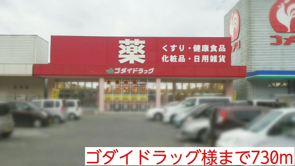 ゴダイドラッグ様まで730m