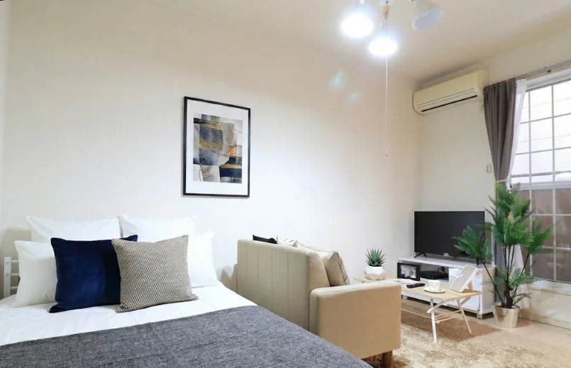 大き目なテレビとソファーがあり、ゆっくり寛げる空間となっております。家具家電だけでなく、ティッシュやリセッシュ等もご用意させてもらっているので非常にご満足度高くご利用いただいております！※植木と額とクッションなどは写真用です。