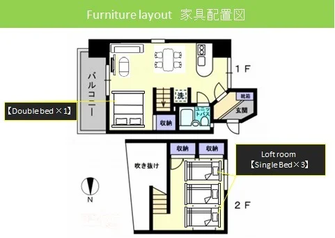 ※ロフト上のシングルベッドは撤去しています。