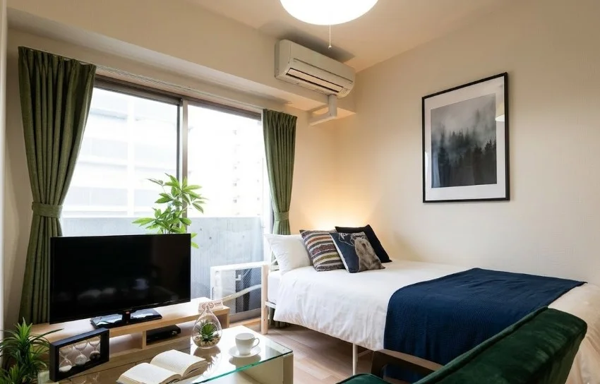 白を基調とした清潔感のあるお部屋です。　家具家電がそろっていて入居当日から自宅のようにごゆっくりお過ごしいただけます。　ホテルより割安で長期滞在におすすめ！※植木と額とクッションなどの装飾は写真用です。