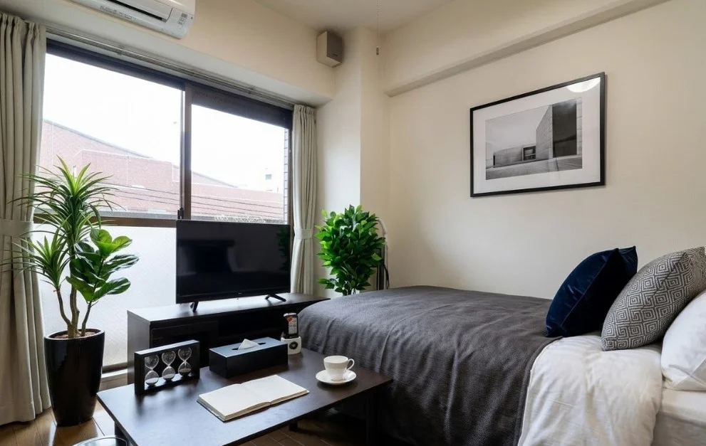 分譲賃貸タイプの１Kマンション　一人暮らしに必要な家具家電が標準化されたお部屋で自宅のようにお過ごしいただけます。