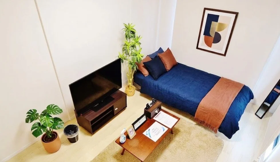 お部屋には、ベッド・寝具・ソファ・ローテーブル・テレビ・テレビボード・掃除機・パラソルハンガー・全身鏡・ﾃｰﾌﾞﾙ鏡・時計・お部屋用消臭剤・ダストボックスなどご用意しております！ごゆっくりおくつろぎいただけるかと思います☆※植木と額とクッションなどは写真用です。