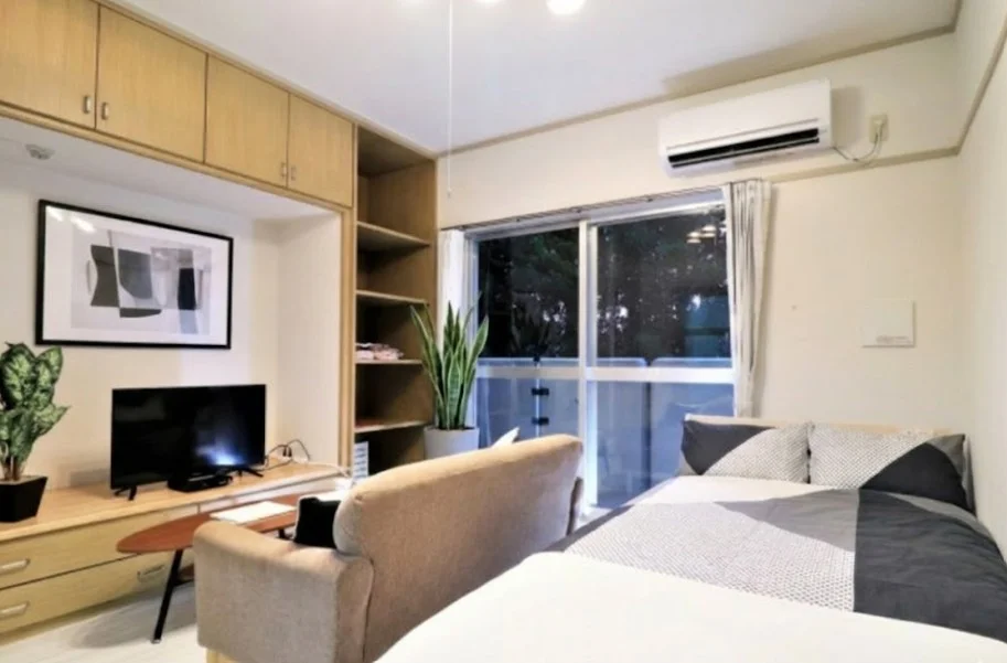 テレビ台収納有で　ソファ付き！　大き目のテレビもありでお仕事終わりにゆったりとお部屋でお過ごしいただけます。※植木と額とクッションなどの装飾は写真用です。