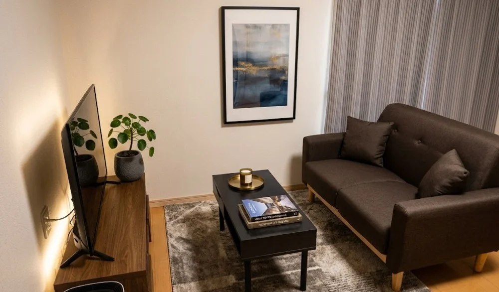 「荷物は一つだけ持ってきても、快適に生活できる」をモットーにした、岐阜駅前のウィークリーマンションの室内画像です。また、長期滞在のお客様向けに、岐阜駅前のマンスリーマンションプランもご用意しています。※植木と額とクッションなどは写真用です。