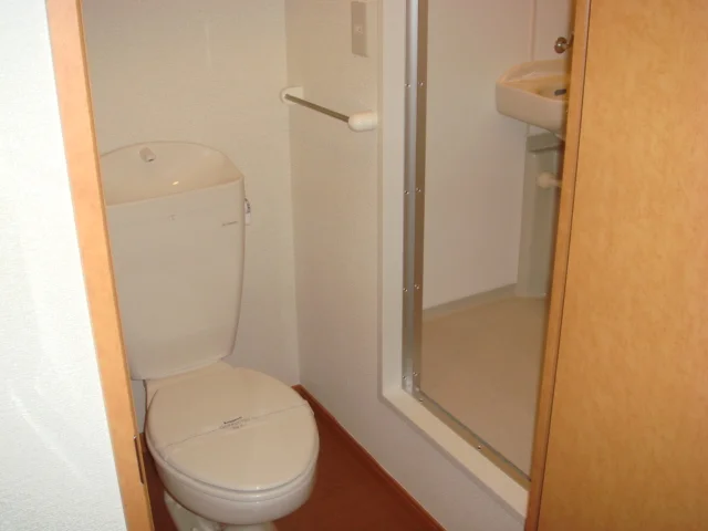 トイレはタオルハンガー、収納棚付き。