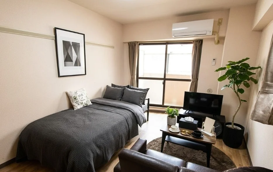 セキュリティもしっかりしているモダンなお部屋！　ビジネスホテルより割安で経費削減も実現可能な家具家電付きマンスリー！※植木と額とクッションなどの装飾は写真用です。