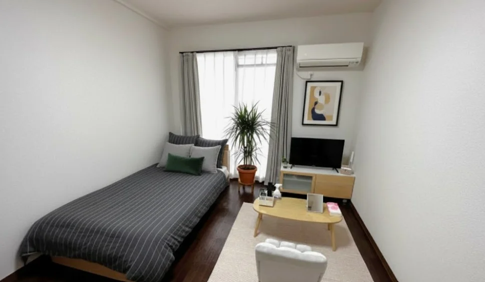 「荷物は一つだけ持ってきても、快適に生活できる」をモットーにした、岡山駅東口前のウィークリーマンションの室内画像です。また、長期滞在のお客様向けに、岡山駅東口前のマンスリーマンションプランもご用意しています。※植木と額とクッションなどの装飾は写真用です。