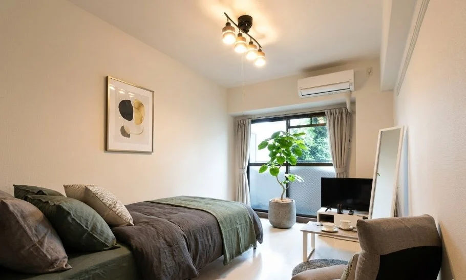 ゆったり明るめの色調の室内空間! テレビ・座椅子付きで 仕事終わりなどお部屋でゆったりとお過ごしいただけます!※植木と額とクッションなどの装飾は写真用です。