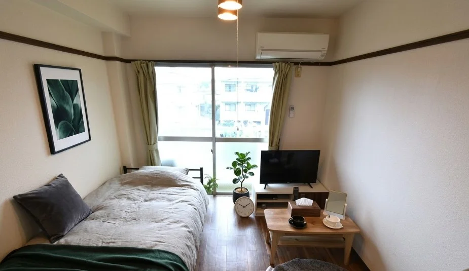 座椅子付きで明るい雰囲気のお部屋！　家具家電豊富で　あると嬉しい備品も標準品！※植木と額とクッションなどの装飾は写真用です。