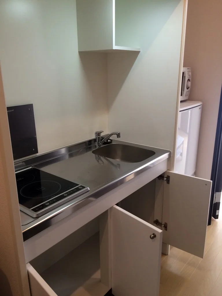 2口コンロ（手前はIH、奥はラジエントヒーター）