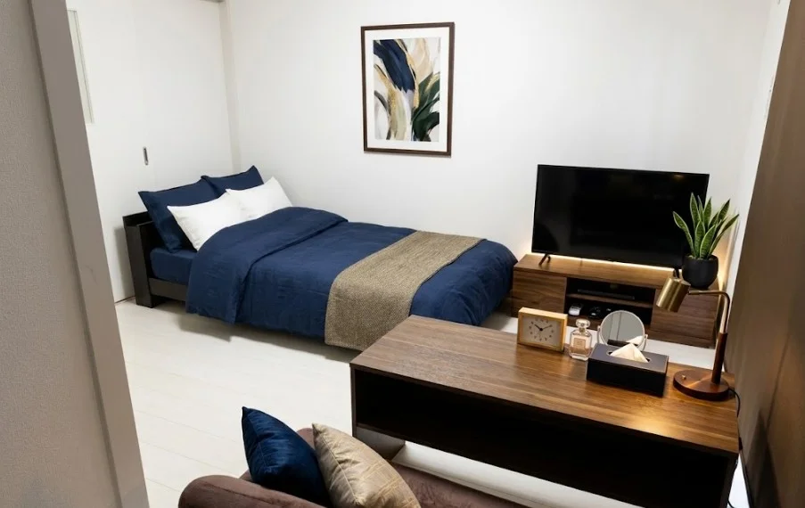 松江市内では珍しい、最大4名まで入居可能な1DKタイプ。31㎡のゆとりある空間をダイニングと居室に分けることで、家族や同僚との共同生活でもプライバシーを確保しつつ、団らんの場を持てる希少な間取りです。※植木と額とクッションなどは写真用です。