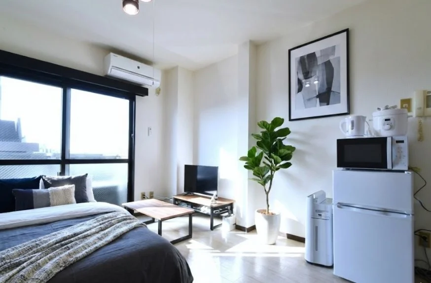 ナチュラルで明るい雰囲気の　最上階のお部屋です！　一人暮らしに必要な家具家電が標準化された物件！※植木と額とクッションなどの装飾は写真用です。