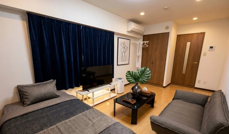 「荷物は一つだけ持ってきても、快適に生活できる」をモットーにした、伊勢駅前(伊勢ひかり病院)のウィークリーマンションの室内画像です。また、長期滞在のお客様向けに、伊勢駅前(伊勢ひかり病院)のマンスリーマンションプランもご用意しています。※植木と額とクッションなどは写真用です。