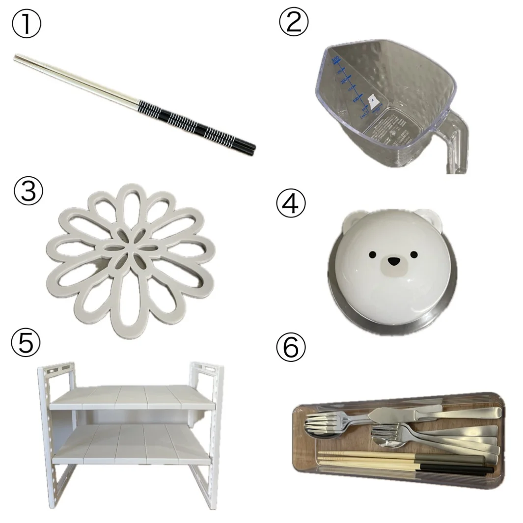 ①菜箸②軽量カップ③鍋敷き④包丁研ぎ⑤シンク下ラック⑥カトラリーケース
