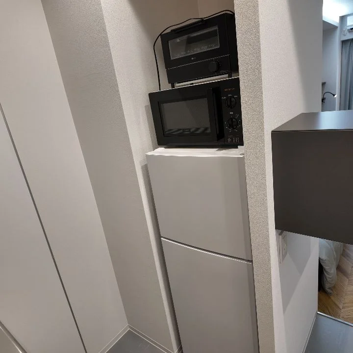 キッチンの後ろ側には一人暮らし用の家電を設置。