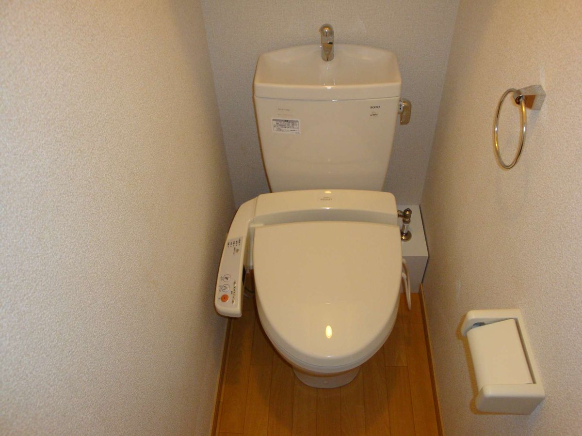 温水洗浄便座付き。上には棚があります。