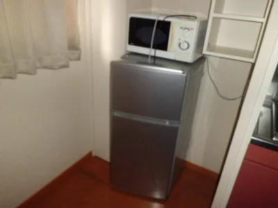 冷蔵庫と電子レンジ。脇の棚も何気に便利です。