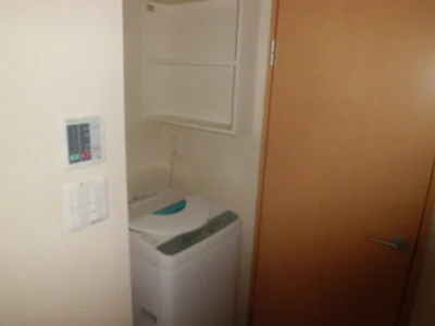 洗濯機。洗剤を置くのに便利な棚が横にあります。