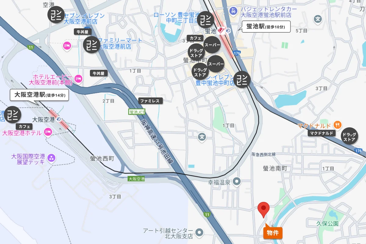 周辺のアクセスマップです。駅周辺であらゆるものが揃えられそう！