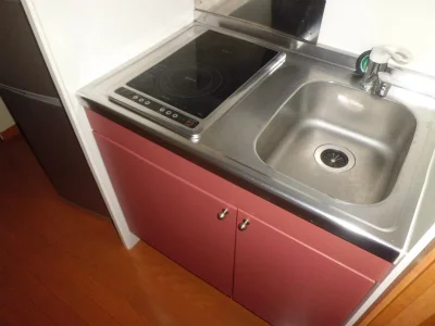 フラットな電気コンロ付ミニキッチン。