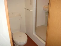 トイレはタオルハンガー、収納棚付き。